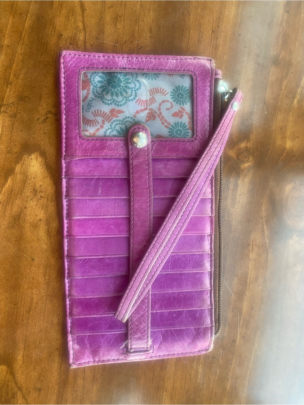 HOBO Purple Leather Multi card Wallet with Teal Floral Lining